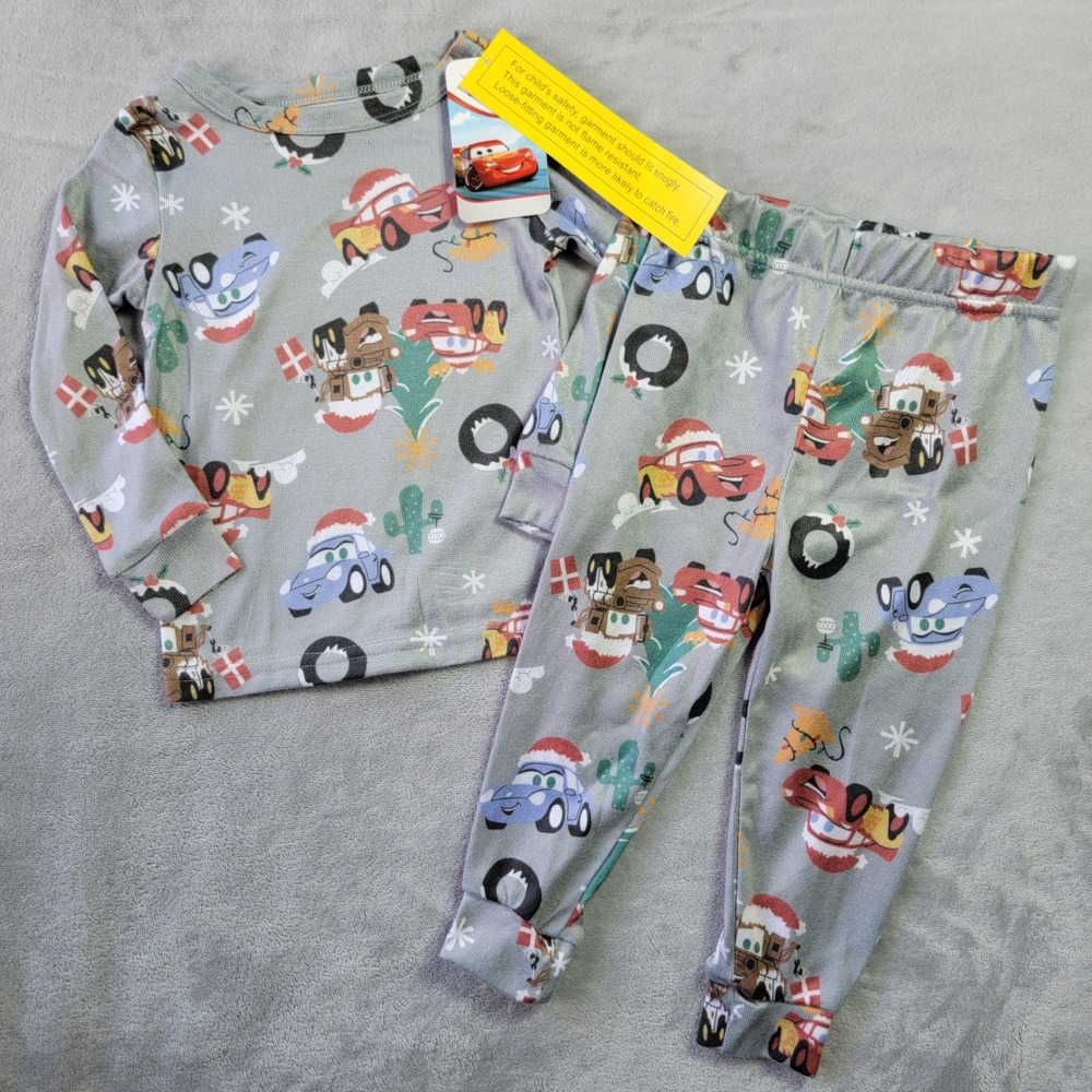 Disney Pixar Cars Christmas Pajamas Toddler 2T Lightning McQueen Mater‎ Gray NEW